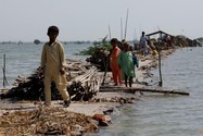 Người dân Pakistan sống vất vưởng trên một con đường bị ngập gần hết trong dòng nước lũ ở làng Bajara, TP Sehwan, ngày 6-9.