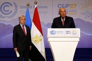 United Nations Secretary-General Antonio Guterres (left) and Egypt's Foreign Minister, COP27 Summit President Sameh Shoukry (right).  PHOTO: AFP