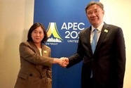 Đại diện Thương mại Mỹ Katherine Tai (trái) và Bộ trưởng Thương mại Trung Quốc Vương Văn Đào gặp nhau bên lề Hội nghị Bộ trưởng Thương mại APEC 2023 tại Mỹ ngày 26-5. Ảnh: GNTN
