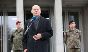 Thủ tướng Đức Olaf Scholz phát biểu trong chuyến thăm Bộ chỉ huy tác chiến quân đội Đức ở Schwielowsee hồi tháng 3. Ảnh: REUTERS