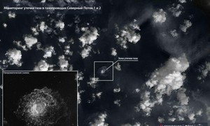 Một hình ảnh vệ tinh cho thấy khí rò rỉ từ đường ống Nord Stream ngày 29-9. Ảnh: REUTERS