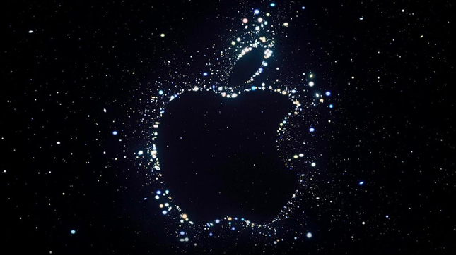 Quả táo màu tím bị cắn giống như logo của Apple trước nền được chiếu sáng  đầy màu sắc 4K tải xuống hình nền