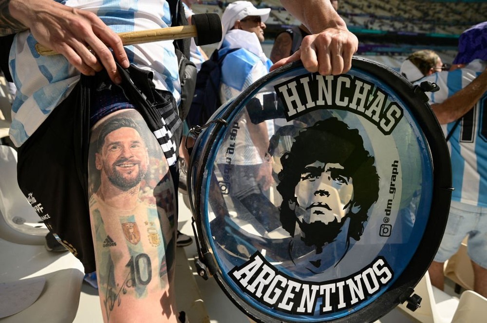A detailed view of a tattoo of Diego Maradona on the leg of a fan of  News Photo  Getty Images