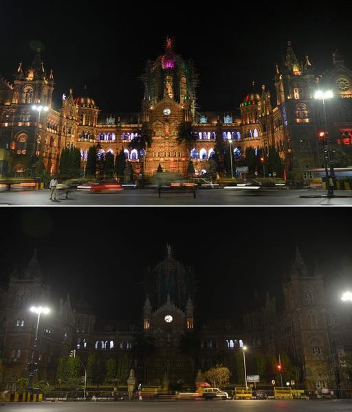 Nhà ga Chhatrapati Shivaji Terminus tại Mumbai Ấn Độ cũng tắt đèn trong 1 tiếng đồng hồ. Ảnh: AFP 1