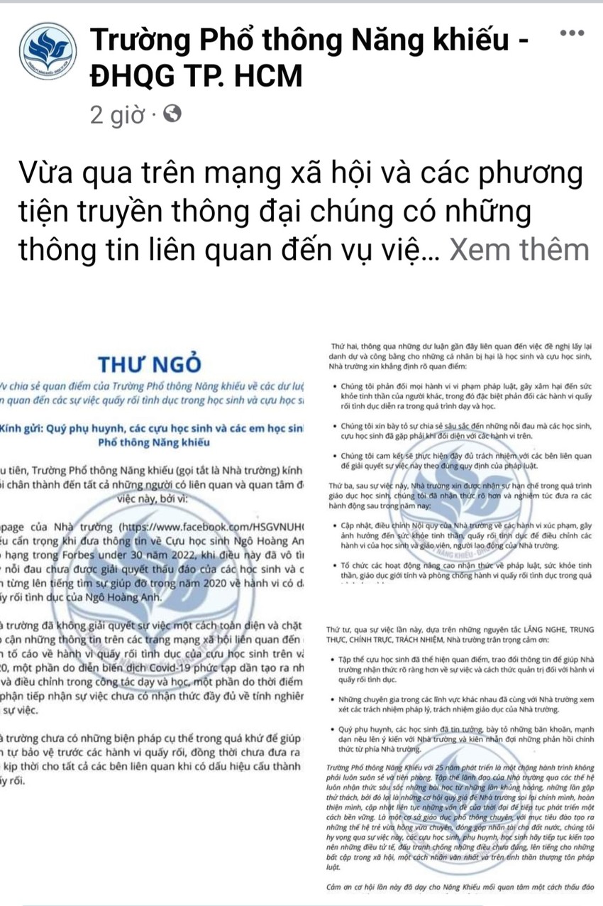 Trường Phổ thông Năng khiếu lên tiếng xin lỗi liên quan vụ Ngô ...