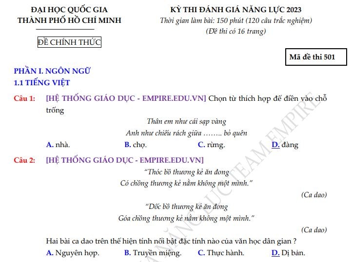 Đáp án 120 câu hỏi thi đánh giá năng lực lan truyền trên mạng, ĐHQG TP.HCM nói gì? ảnh 1