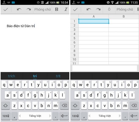 Giao diện ứng dụng Docs và Sheets trên Android