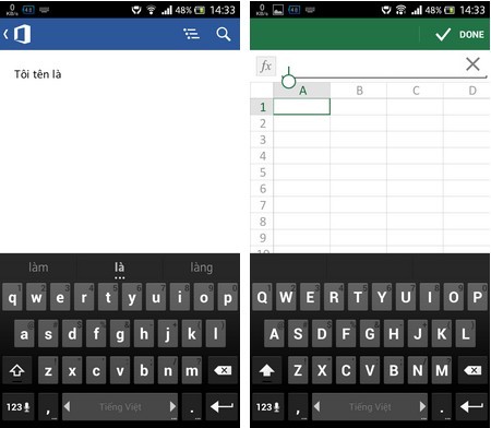 Giao diện công cụ World và Excel trên Android