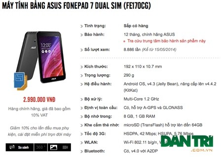 Một chuỗi bán lẻ tại TPHCM niêm yết giá bán dành cho tablet mới của Asus.